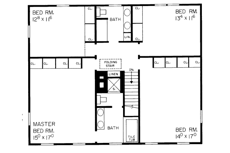 House Blueprint - Floor Plan - Upper Floor for Colonial House Plan #72-347 - 5 bed, 3 bath
