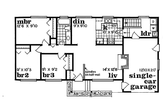 Floor Plan - Main Floor for Ranch House Plan #47-364 - 3 bed, 1 bath