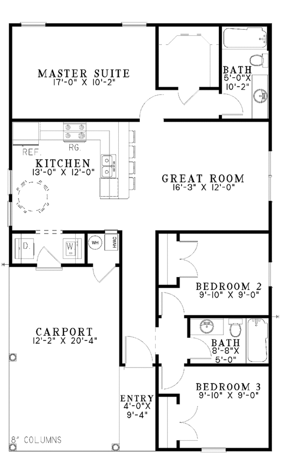 Ranch Style House Plan - 3 Beds 2 Baths 1070 Sq/Ft Plan #17-2809 ...