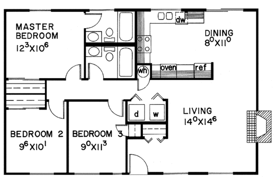 Floor Plan - Main Floor for Ranch House Plan #60-671 - 3 bed, 2 bath