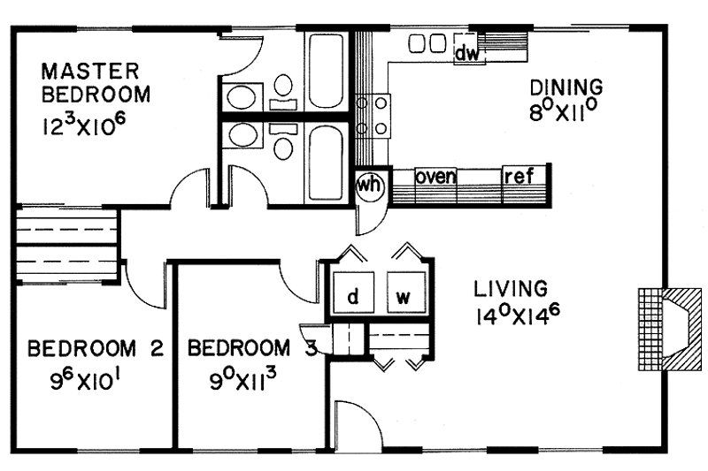 House Blueprint - Floor Plan - Main Floor for Ranch House Plan #60-671 - 3 bed, 2 bath