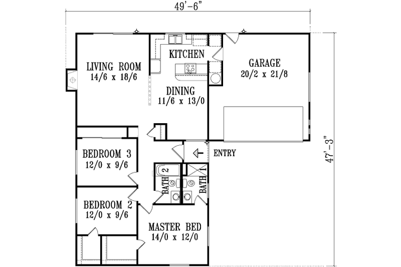 Home Plan - Floor Plan - Main Floor for Adobe / Southwestern House Plan #1-1073 - 3 bed, 2 bath