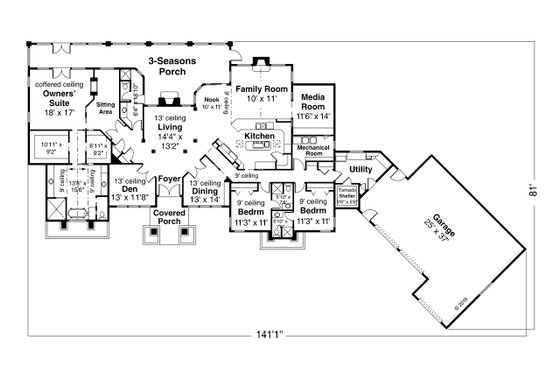 Floor Plan - Main Floor for Prairie House Plan #124-1160 - 3 bed, 4 bath