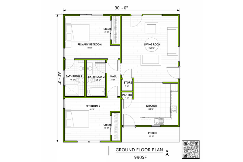 House Design - Floor Plan - Main Floor for Modern House Plan #1106-17 - 2 bed, 2 bath