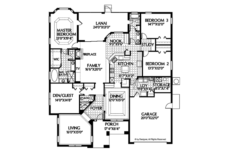 Dream House Plan - Floor Plan - Main Floor for Mediterranean House Plan #999-9 - 4 bed, 3 bath