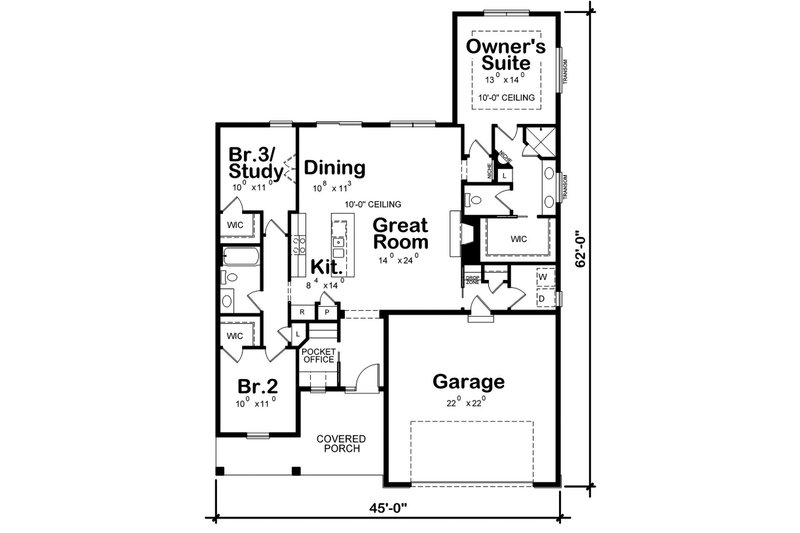Home Plan - Floor Plan - Main Floor for Farmhouse House Plan #20-2393 - 3 bed, 2 bath