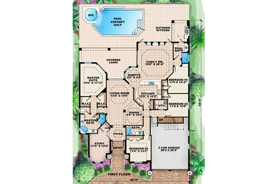 Floor Plan - Main Floor for Mediterranean House Plan #27-422 - 4 bed, 3 bath