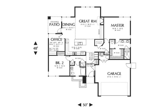 Floor Plan - Main Floor for Ranch House Plan #48-599 - 3 bed, 2 bath