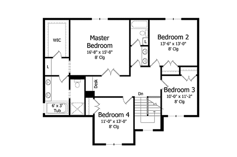 House Blueprint - Floor Plan - Upper Floor for Colonial House Plan #51-1003 - 4 bed, 2.5 bath