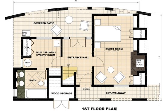 Floor Plan - Main Floor for Modern House Plan #525-1 - 2 bed, 2 bath