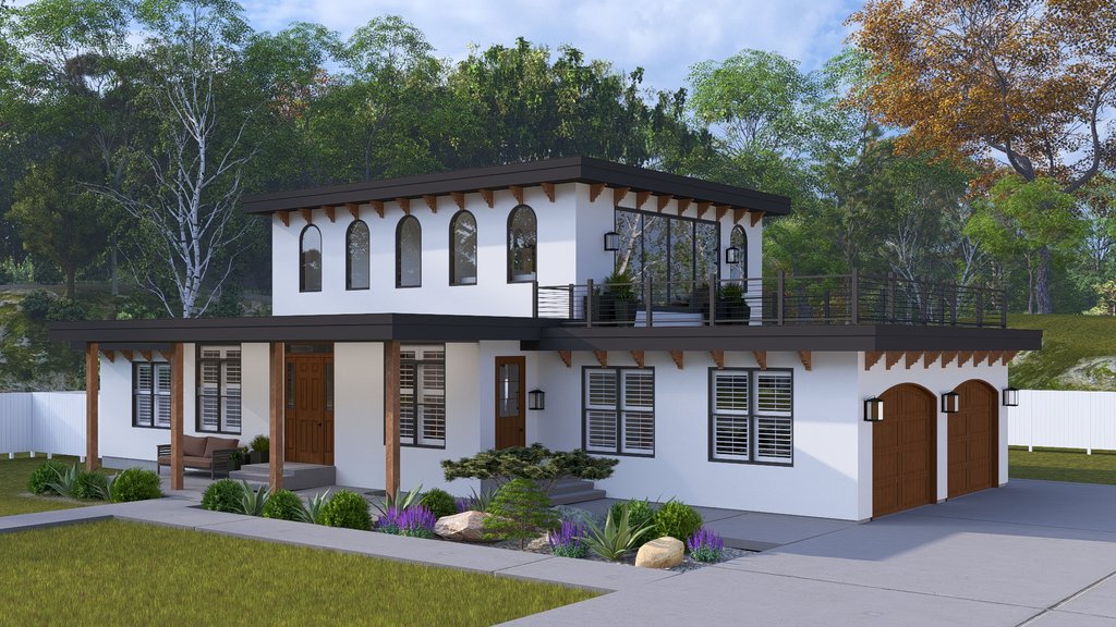 Spanish style house with roof deck and side-loading garage