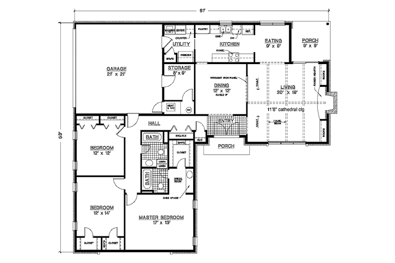Home Plan - Floor Plan - Main Floor for Ranch House Plan #45-500 - 3 bed, 2 bath