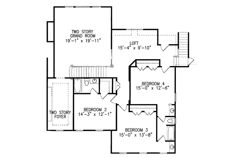 House Blueprint - Floor Plan - Upper Floor for Colonial House Plan #54-233 - 4 bed, 3.5 bath