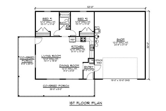 Floor Plan - Main Floor for Barndominium House Plan #1064-299 - 2 bed, 1 bath