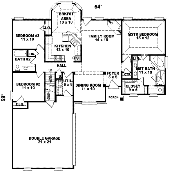 Traditional Style House Plan 3 Beds 2 Baths 2000 Sq/Ft