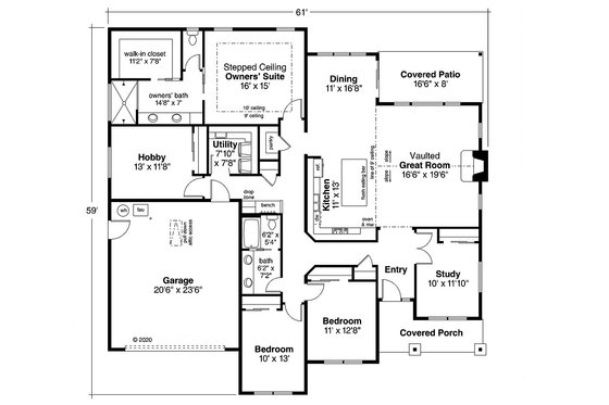 Floor Plan - Main Floor for Ranch House Plan #124-1194 - 3 bed, 2 bath