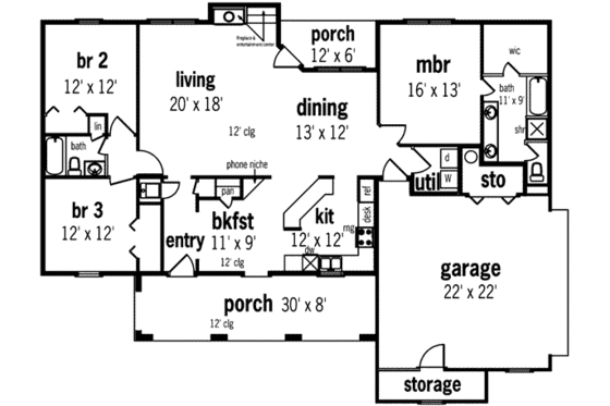 Floor Plan - Main Floor for Southern House Plan #45-237 - 3 bed, 2 bath