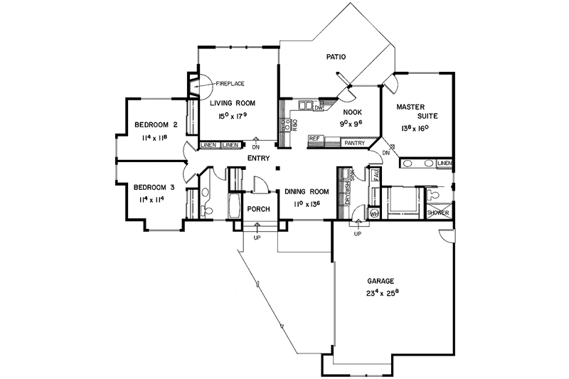House Blueprint - Floor Plan - Main Floor for Adobe / Southwestern House Plan #60-932 - 3 bed, 2 bath