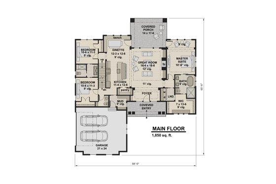 Floor Plan - Main Floor for Craftsman House Plan #51-584 - 3 bed, 2.5 bath
