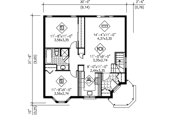 Floor Plan - Main Floor for European House Plan #25-1003 - 2 bed, 1 bath
