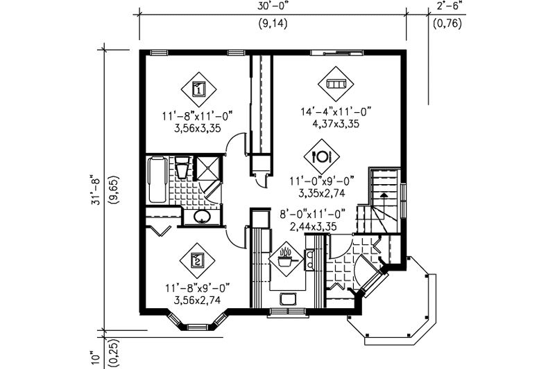 House Blueprint - Floor Plan - Main Floor for European House Plan #25-1003 - 2 bed, 1 bath