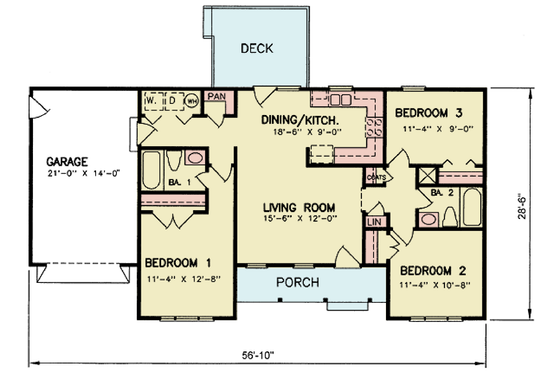 Floor Plan - Main Floor for Ranch House Plan #54-609 - 3 bed, 2 bath
