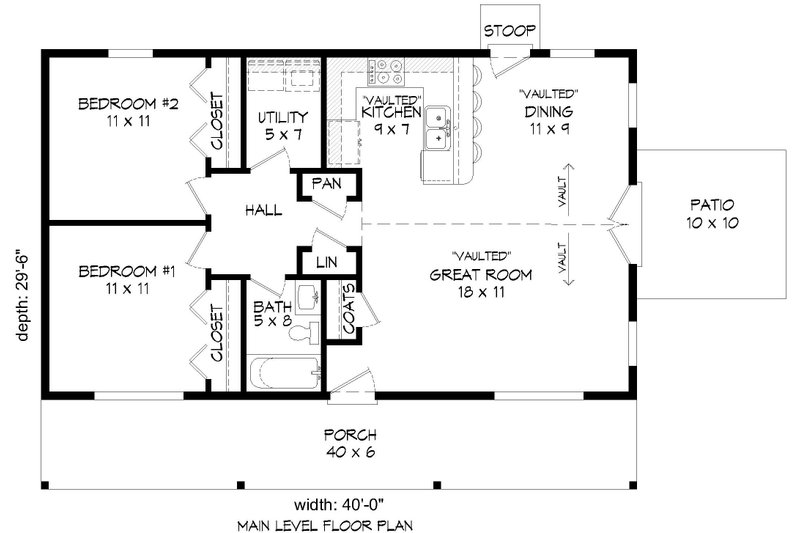 Architectural House Design - Floor Plan - Main Floor for Ranch House Plan #932-972 - 2 bed, 1 bath