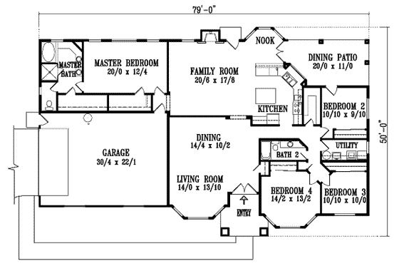 Floor Plan - Main Floor for Adobe / Southwestern House Plan #1-1176 - 4 bed, 2 bath