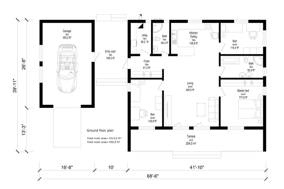 Floor Plan - Main Floor for Modern House Plan #549-21 - 3 bed, 2 bath