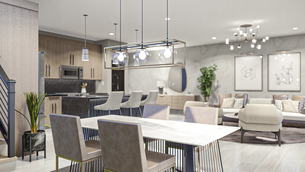 Open floor plan layout with dining room and kitchen. Plan 455-530 at Houseplans.com.