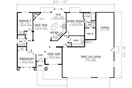Floor Plan - Main Floor for Adobe / Southwestern House Plan #1-317 - 3 bed, 2 bath