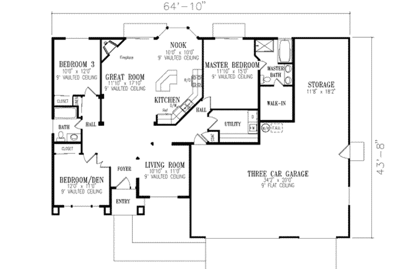 Home Plan - Floor Plan - Main Floor for Adobe / Southwestern House Plan #1-317 - 3 bed, 2 bath