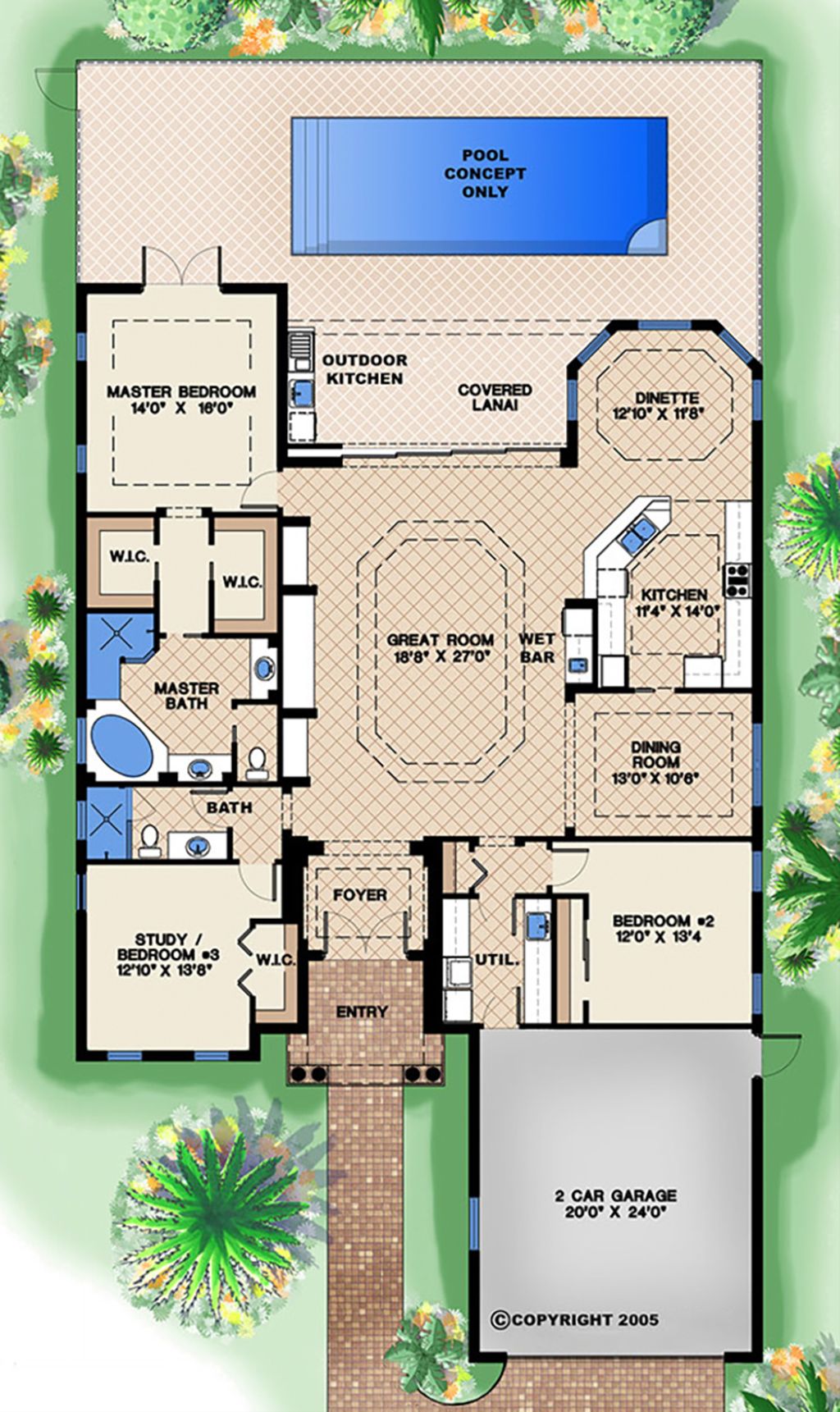 Mediterranean Style House Plan - 3 Beds 2 Baths 3219 Sq/Ft Plan #27-509 ...