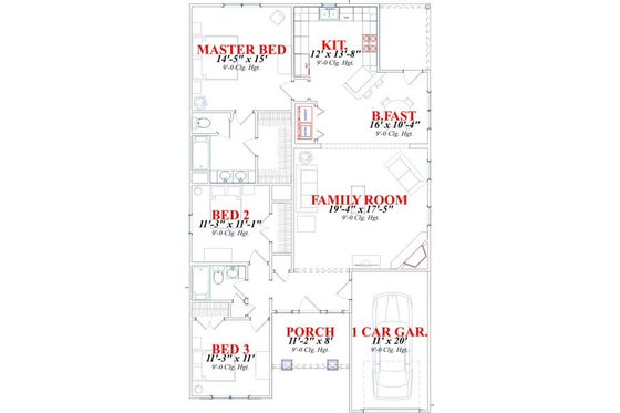 Floor Plan - Main Floor for Craftsman House Plan #63-152 - 3 bed, 2 bath