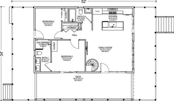 Dream House Plan - Floor Plan - Main Floor for Beach House Plan #1116-50 - 2 bed, 2 bath