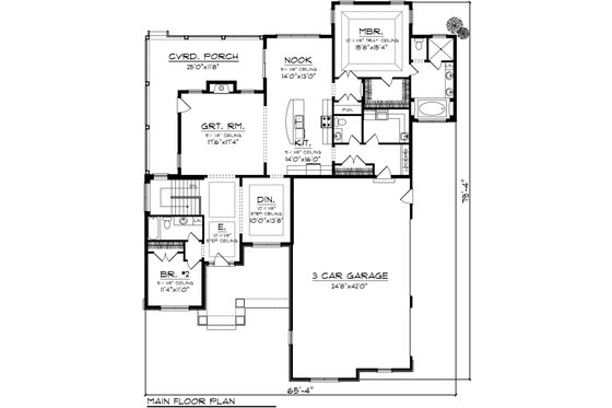 Floor Plan - Main Floor for Ranch House Plan #70-1136 - 2 bed, 2.5 bath