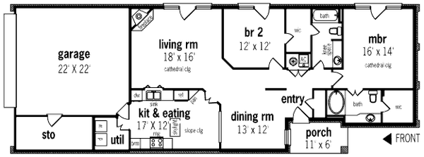 Floor Plan - Main Floor for Traditional House Plan #45-301 - 2 bed, 2 bath