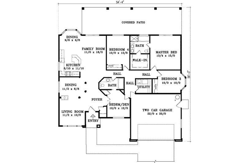 Home Plan - Floor Plan - Main Floor for Adobe / Southwestern House Plan #1-691 - 4 bed, 2 bath
