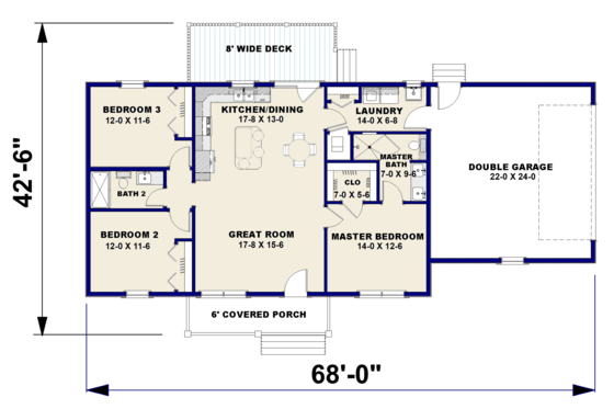 Floor Plan - Main Floor for Ranch House Plan #44-239 - 3 bed, 2 bath