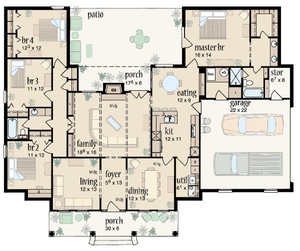 Traditional Style House  Plan  4 Beds 2  Baths 2088 Sq Ft 