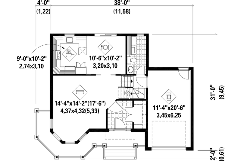 House Blueprint - Floor Plan - Main Floor for Victorian House Plan #25-4708 - 3 bed, 1 bath