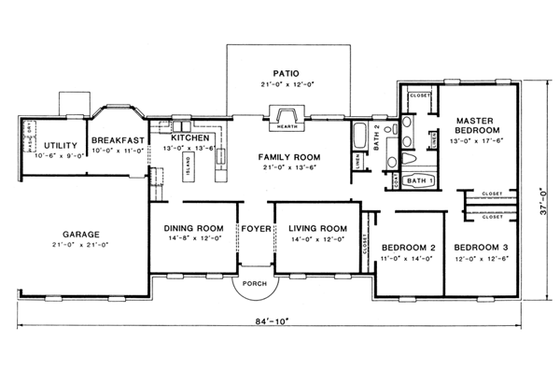 Floor Plan - Main Floor for Traditional House Plan #10-148 - 3 bed, 2 bath