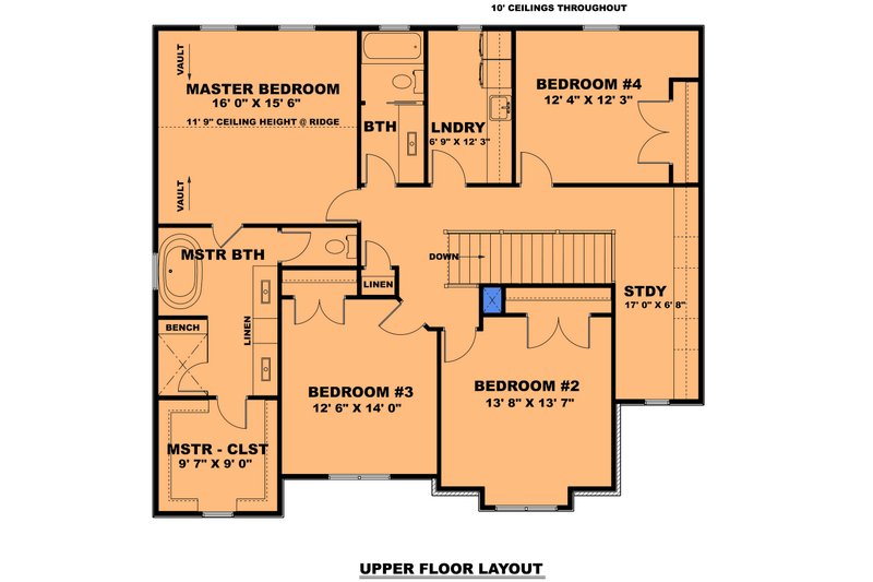 House Blueprint - Floor Plan - Upper Floor for Farmhouse House Plan #1111-15 - 4 bed, 2.5 bath