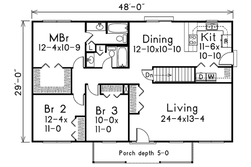 Architectural House Design - Floor Plan - Main Floor for Ranch House Plan #57-449 - 3 bed, 2 bath