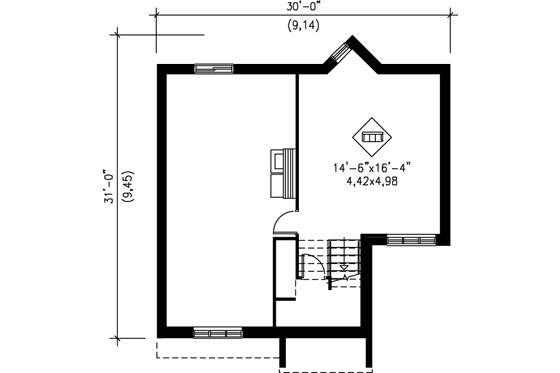Floor Plan - Lower Floor House Plan #25-1032 - 2 bed, 1 bath