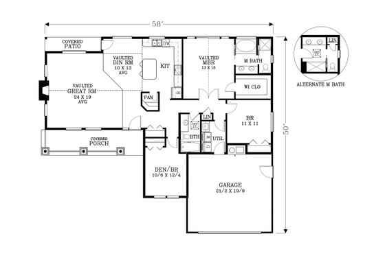 Floor Plan - Main Floor for Craftsman House Plan #53-581 - 3 bed, 2 bath