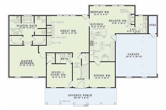 Country style house plan, main level floor plan