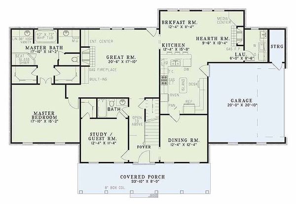 Country style house plan, main level floor plan