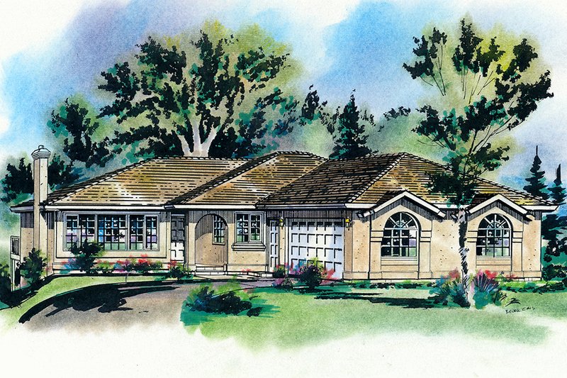 Architectural House Design - Southwester Ranch Style home, front elevation