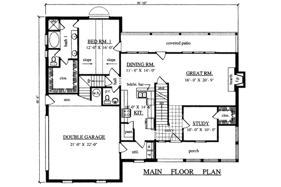 Floor Plan - Main Floor for Farmhouse House Plan #42-349 - 3 bed, 2.5 bath